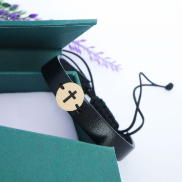 Bratara Protection Cross din AUR 14K si Piele Naturală - Img 3