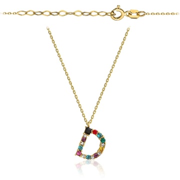 Colier Aur 14k cu Litera D si Cristale Multicolore