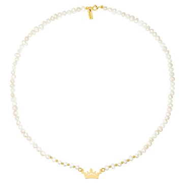 Colier cu perle de cultura si coronița gravata din aur 14k - Img 3