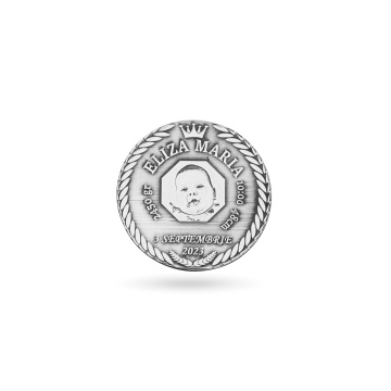 Moneda Botez 3cm din Argint 925 personalizata 3D cu datele copilului si fotogravura