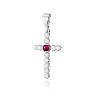 Pandantiv Cruce Aur 14K cu Rubin 0.15 ct si Diamante Naturale - Img 2