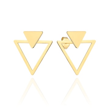 Cercei Aur Galben Dublu Triunghi Geometric 14K cu Tijă - Img 3
