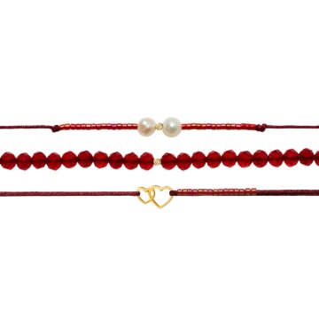 Set PROMO 3 bratari cu snur & cristale + bilute si inimioare duble din aur 14k