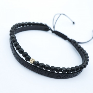 Brățara Be Positive cu Onix si piele embosata text + bila 4mm din AUR 14K - Img 3