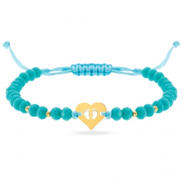 Bratara cu cristale si inimioara cu talpite de bebelus decupate din aur 14k