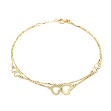Brățară Elegantă Din Aur 14K Cu Trei Inimi Duble Și Lănțișor Dublu