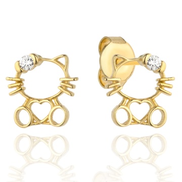 Cercei Din Aur 14K Pentru Copii, Model Pisiuț Cu Inimioară Și Zirconiu Cubic - Img 2