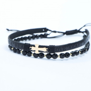 Brățara 2 in 1 cu piele embosata text, cruciulita Aur si Onix + bilute - Img 3