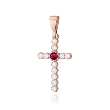 Pandantiv Cruce Aur 14K cu Rubin 0.15 ct si Diamante Naturale - Img 3