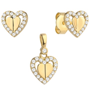 Set Cercei cu Inimioare 3D + Pandantiv si Cristale- Aur 14k - Img 2