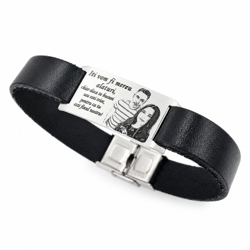 Bratara din piele naturala cu placuta din argint 925 personalizata prin fotogravura/ text ( Inchizatoare din inox )