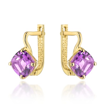 Cercei Aur Galben 14K Cu Ametist Natural Pătrat - Colecția "Colorful Stone"