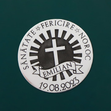 Moneda Botez 3cm din Argint 925 personalizata cu numele copilului, data si cruciulita - Img 3