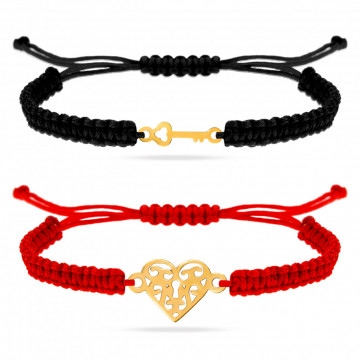 Set 2 Bratari cu snur pentru cupluri - inimioara si cheie din aur 14k