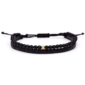 Brățara Be Positive cu Onix si piele embosata text + bila 4mm din AUR 14K - Img 1