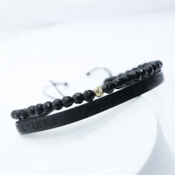 Brățara Be Positive cu Onix si piele embosata text + bila 4mm din AUR 14K - Img 2