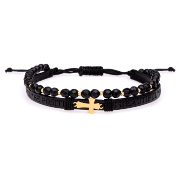 Brățara 2 in 1 cu piele embosata text, cruciulita Aur si Onix + bilute - Img 1
