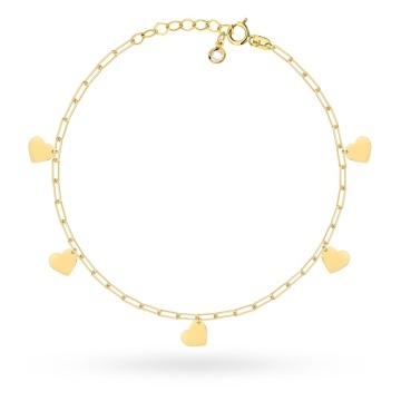 Brățară de Gleznă Aur 14K cu Zale Lungi și Inimioare Pendulare