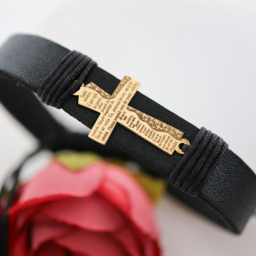 Bratara Tatal Nostru din AUR 14K si Piele Naturală - Img 2