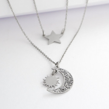 Colier dublu din argint model Sunrise cu stea, soare si luna - Img 3