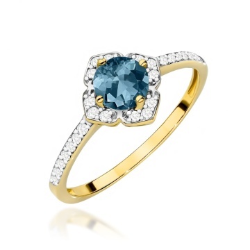 Inel Aur 9K cu Topaz London Blue 0.50 ct si Diamante Naturale 0.13 ct