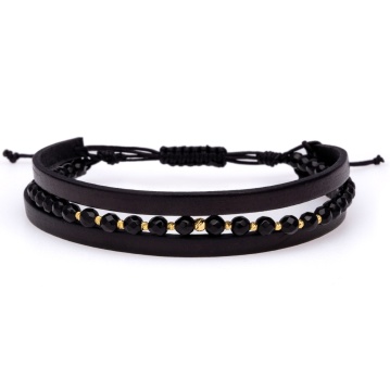 Brățara Duo Onix din AUR 14K si Piele Naturală