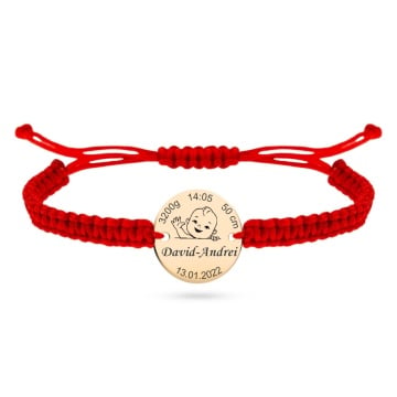 Bratara pentru copii - cu snur si banut de 14mm din Aur 14k personalizat cu datele nasterii