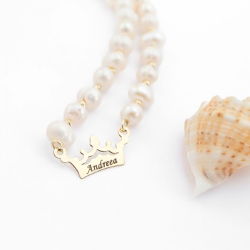 Colier cu perle de cultura si coronița gravata din aur 14k - Img 2