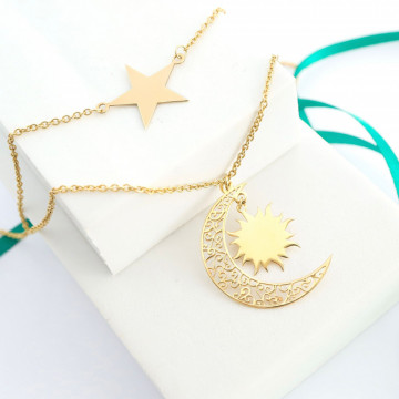 Colier dublu din argint model Sunrise cu stea, soare si luna - Img 4