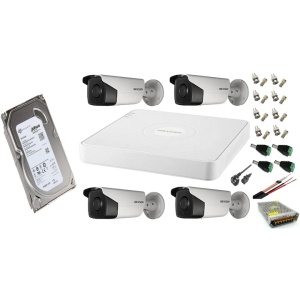 Sistem Supraveghere Hikvision Turbo HD 5MP - Kit 4 Camere Exterior, IR 40m, DVR 4 Canale, HDD 1TB Inclus, Accesorii Complete