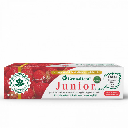 GennaDent Junior Capsuni– pasta de dinti naturala pentru copii cu argila si capsuni, fara fluor, 80 ml – Leonard Radutz formula – VivaNatura