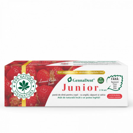 GennaDent Junior Capsuni– pasta de dinti naturala pentru copii cu argila si capsuni, fara fluor, 50 ml – Leonard Radutz formula – VivaNatura