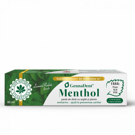 GennaDent Menthol - pasta de dinti naturala 100 % cu argila si plante, fara fluor, 80 ml - Leonard Radutz formula - VivaNatura