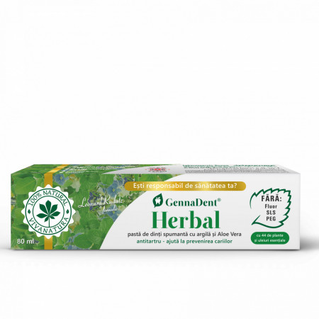 GennaDent Herbal - pasta de dinti naturala 100 % spumanta cu argila si Aloe Vera, 80 ml - Leonard Radutz formula - VivaNatura