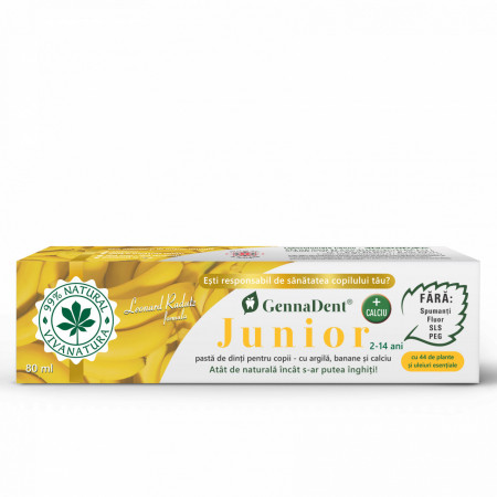 GennaDent Junior Banana – Pasta de dinti naturala pentru copii cu argila si banane, fara fluor, 80 ml – Leonard Radutz formula – VivaNatura