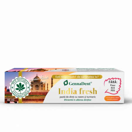 GennaDent India Fresh – Pasta de dinti naturala cu Neem si Turmeric, fara fluor, 80 ml - Leonard Radutz formula
