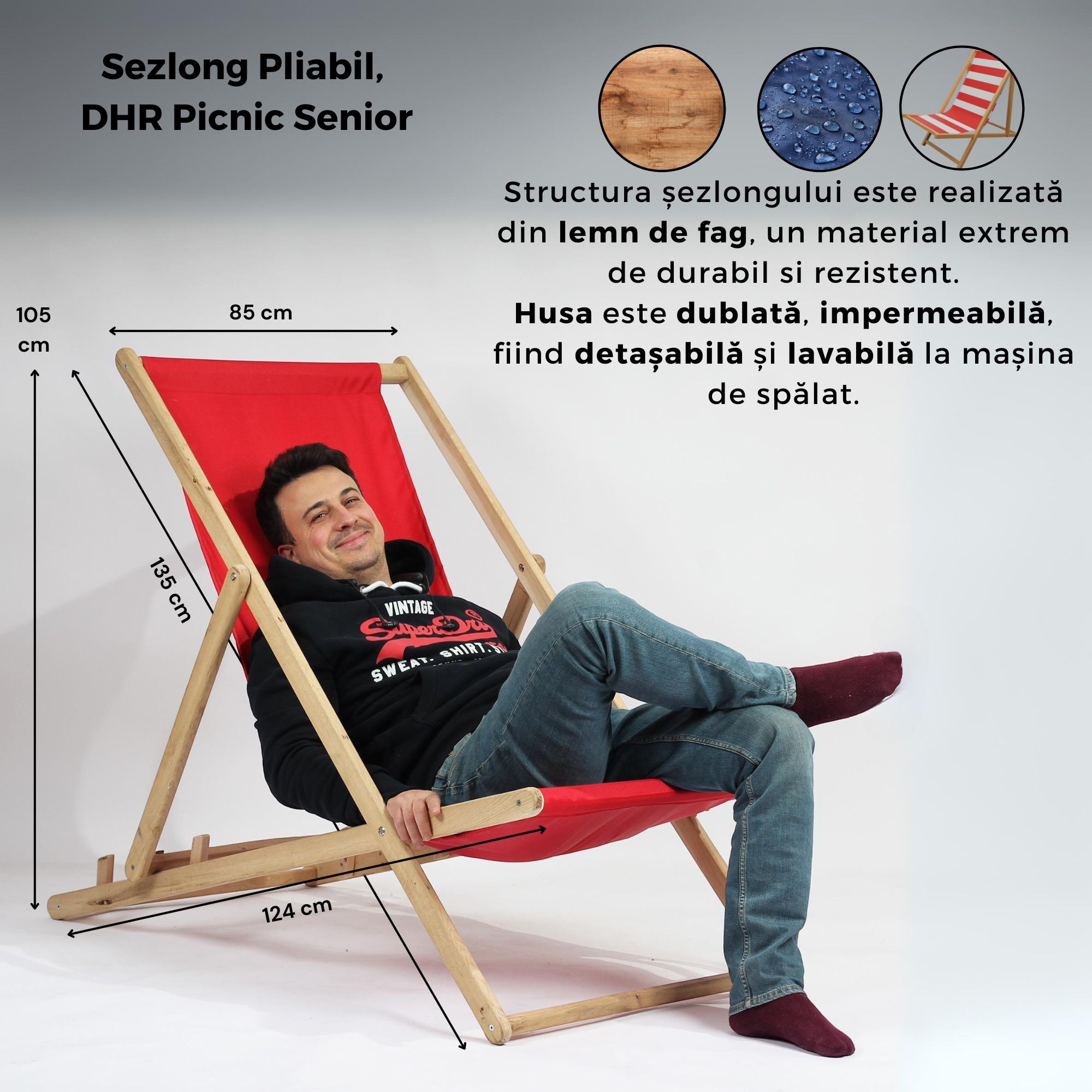 Dimensiuni șezlong pliabil DHR Picnic Senior Pufrelax