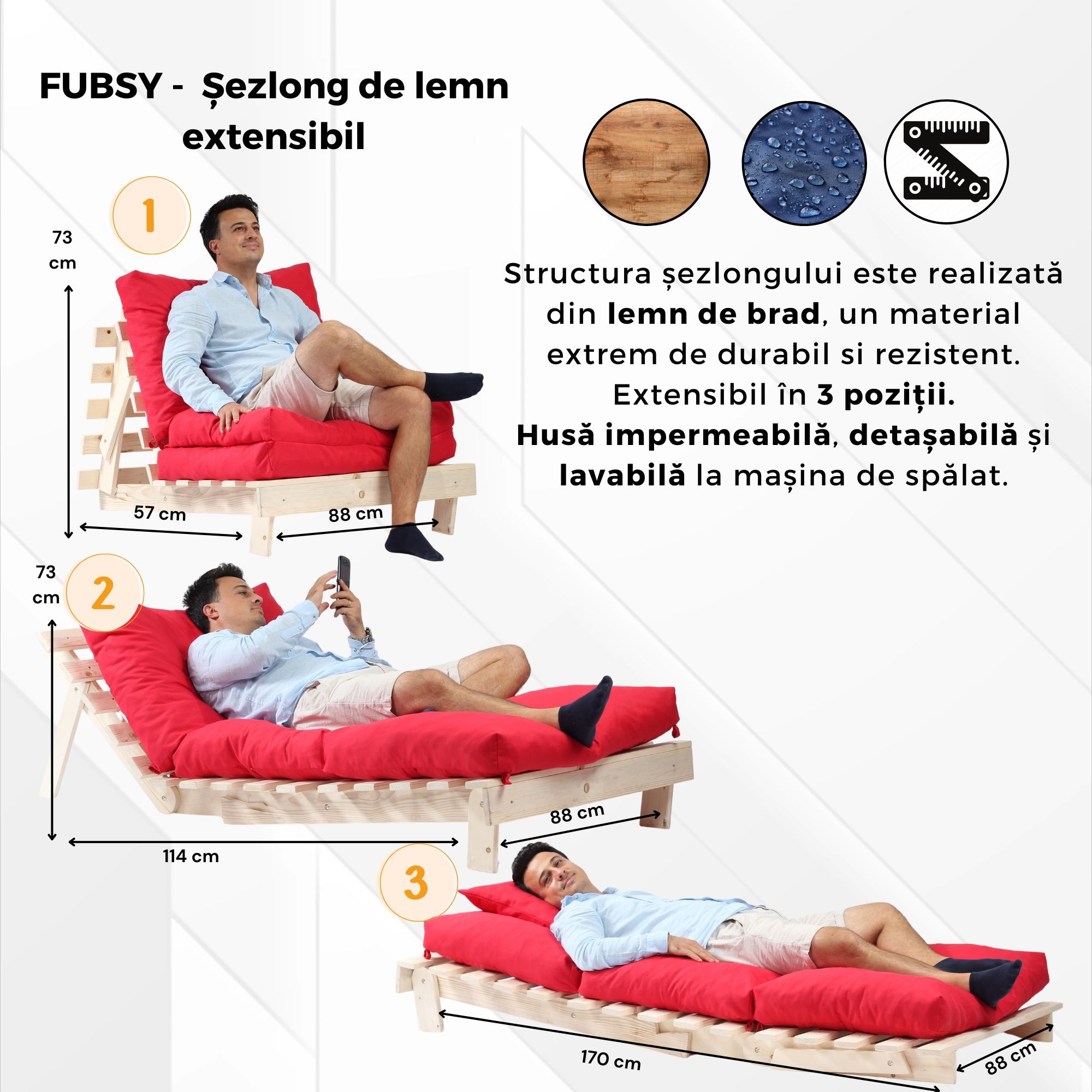 Dimensiuni șezlong Fubsy Pufrelax – 3 poziții