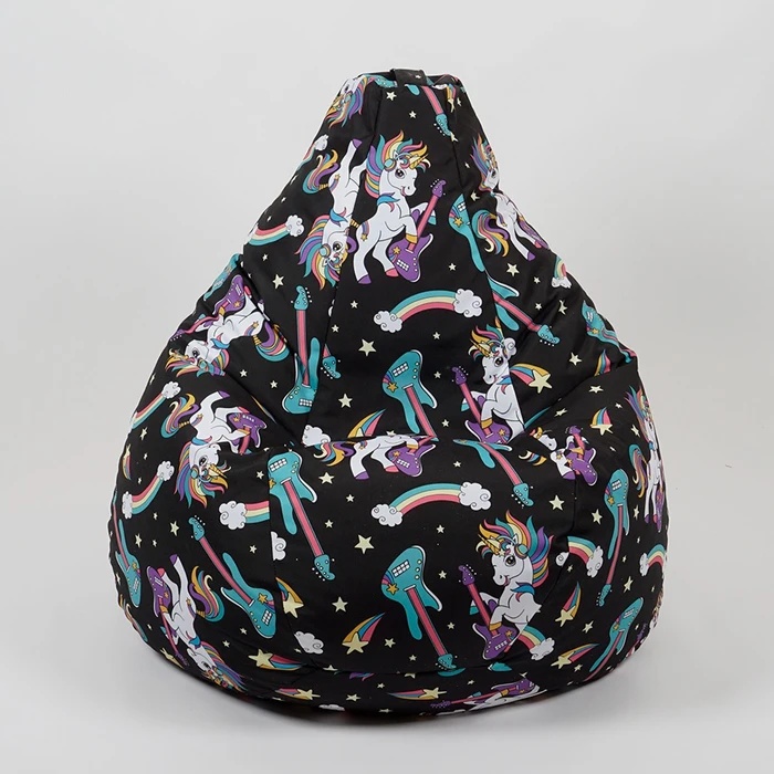 Fotoliu puf pentru copii, Pufrelax, Nirvana Hobbit, Material Impermeabil, imprimeu cu unicorni - Unicorns Rock - 1 | YEO