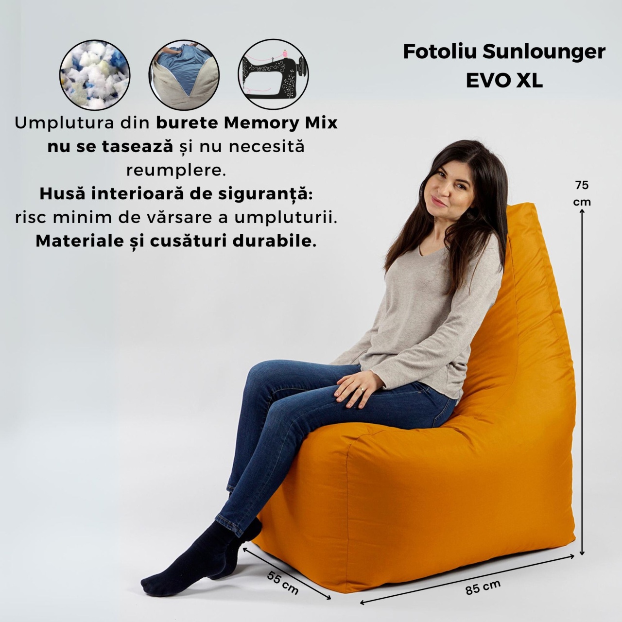 Fotoliu puf, Sunlounger EVO XL, umplutura de burete Memory Mix, material impermeabil - Blue Royal - imagine 7