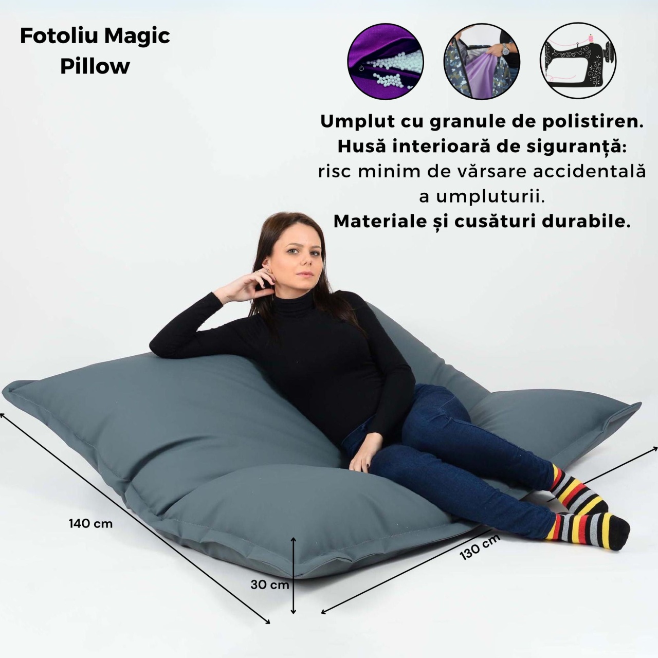 Fotoliu tip Perna Magic Pillow Pufrelax, Material Impermeabil, Green Apple - imagine 7