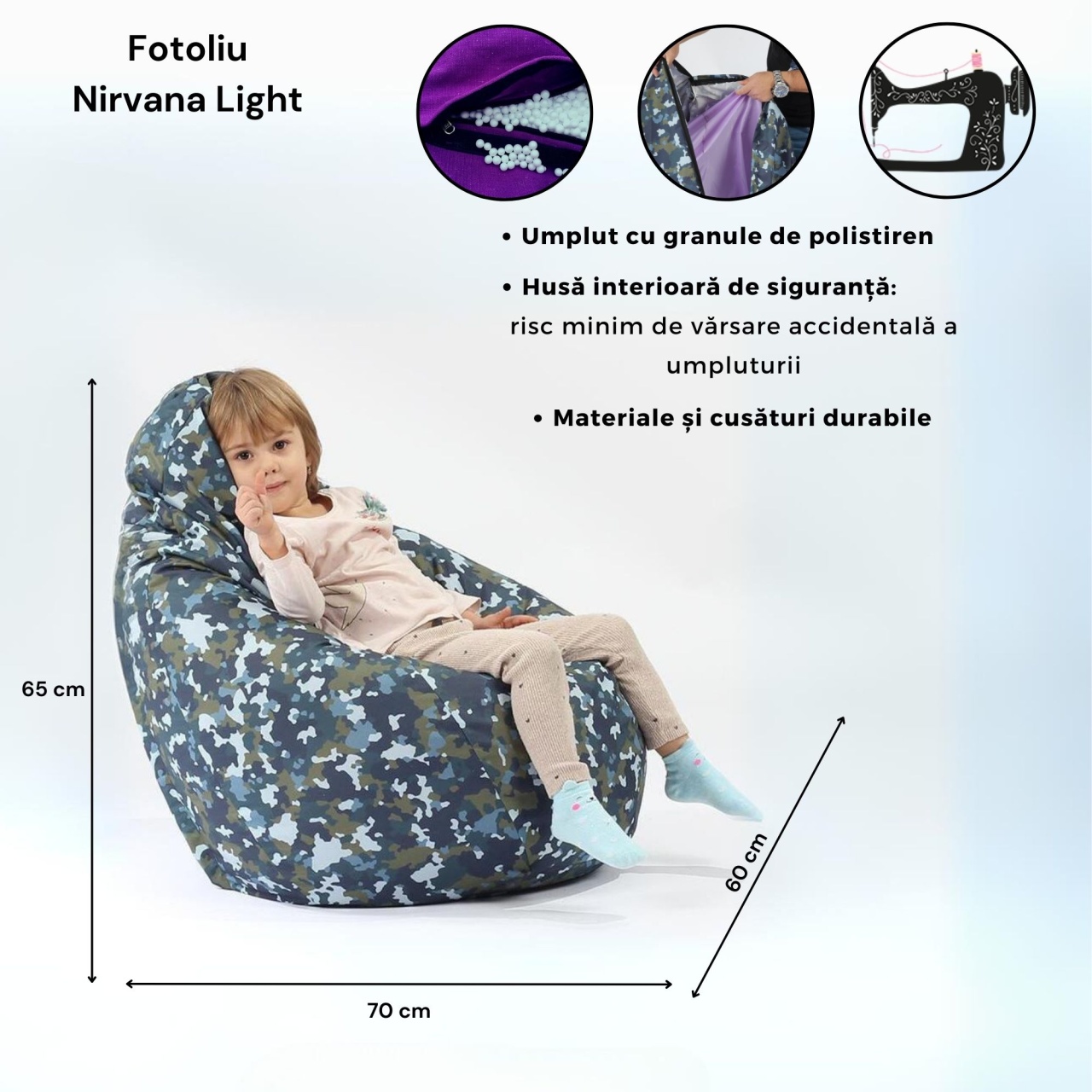 Fotoliu puf copii, Nirvana Light Pufrelax, Material Impermeabil, Off Road - imagine 5