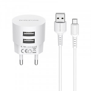 Incarcator retea cu cablu Micro USB 2.4 A, 2x USB, Borofone BA23A Alb
