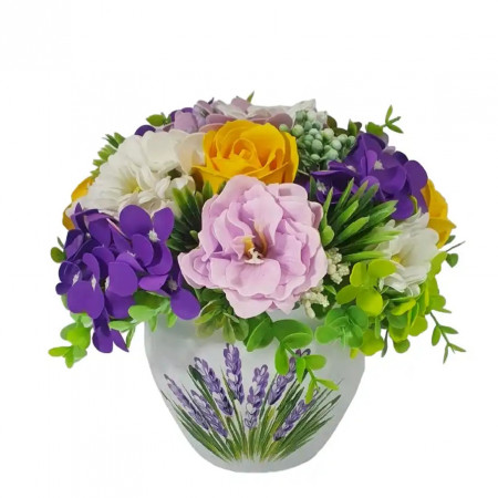 Aranjament floral cu diverse flori de sapun-vas ceramic lavanda (cod 1500)