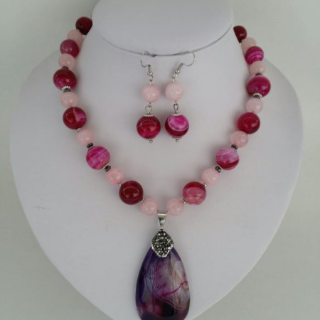 Set din margele de agata striped fuchsia si cuart roz