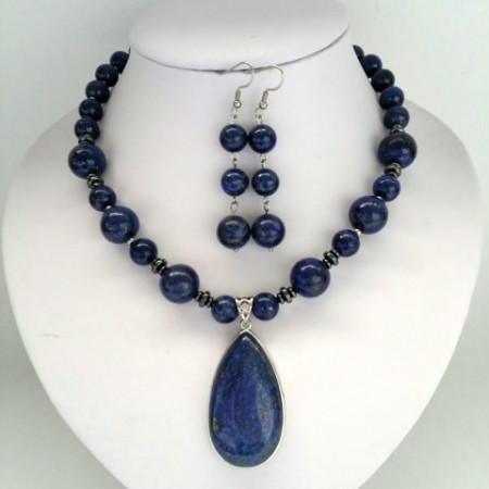Set din margele de lapis lazuli, pandantiv lapis lazuli si hematit