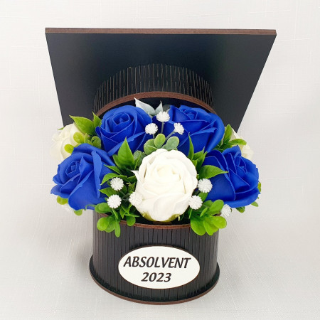 Aranjament floral cutie toca- albastru /crem(cod 1880)