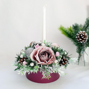 Aranjament de Craciun - cutie rotunda burgundy (cod 1559)2