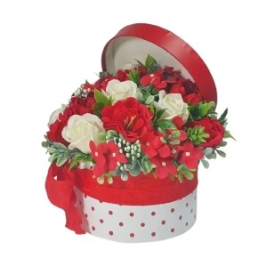 Aranjament din flori de sapun -cutie rotunda (cod 2279)poza4