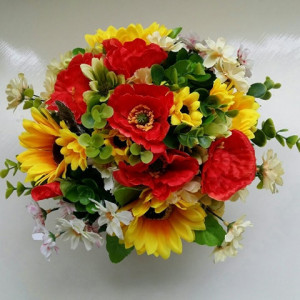 Aranjament floral din maci si floarea soarelui- cos rustic (cod 1173) 2